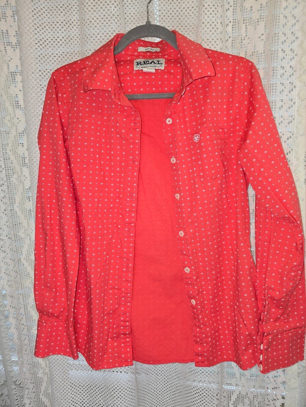 Ariat Real Quality Goods Longsleeve Button Down Womens Shirt, Coral, Fitted Med